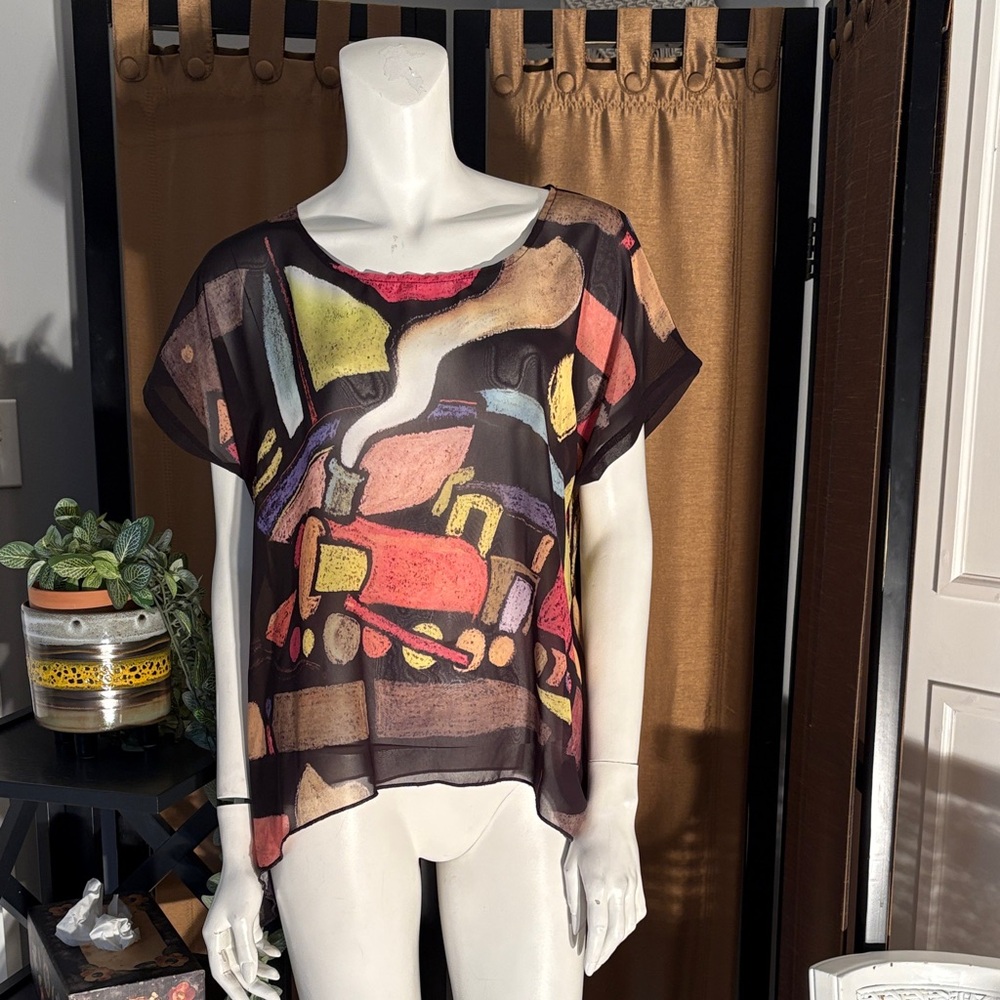 Colorful Abstract Print Sheer Blouse